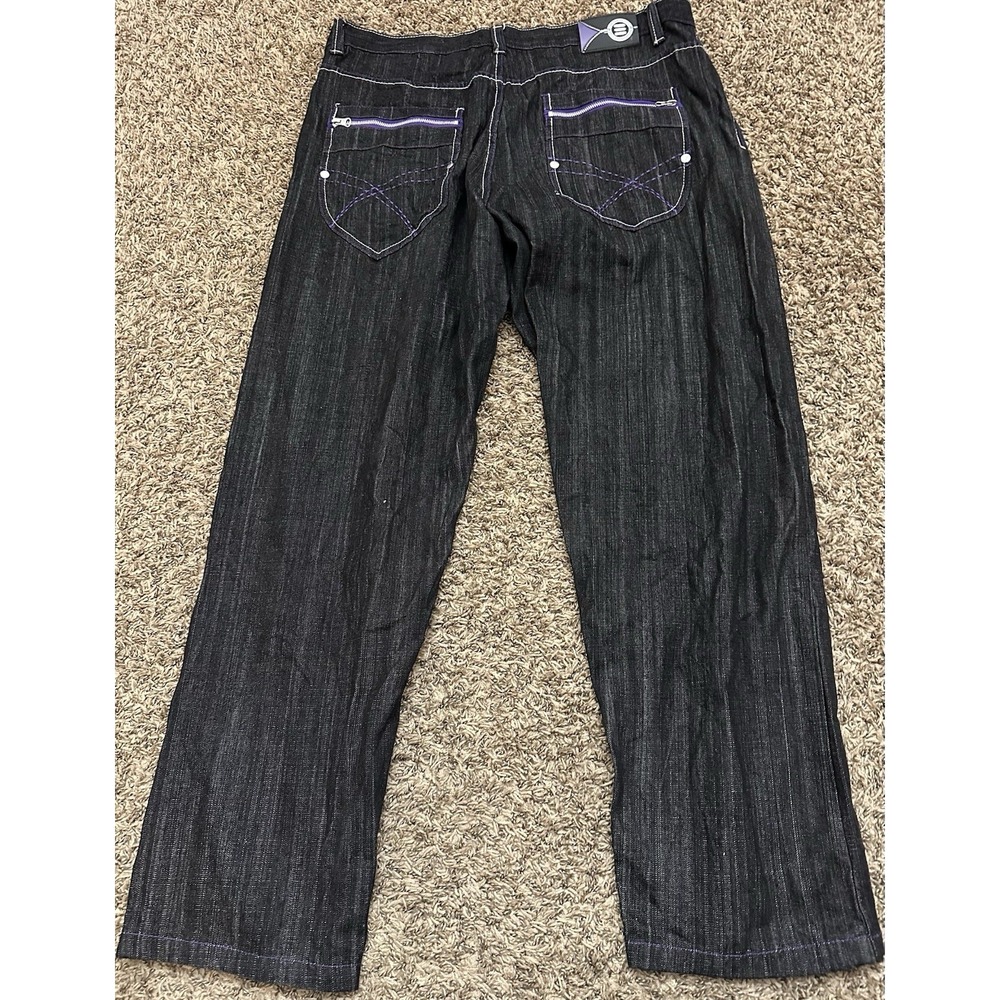 Evolution in Design Baggy Jeans Black Purple Embroidered Wide Leg Sz 42x34